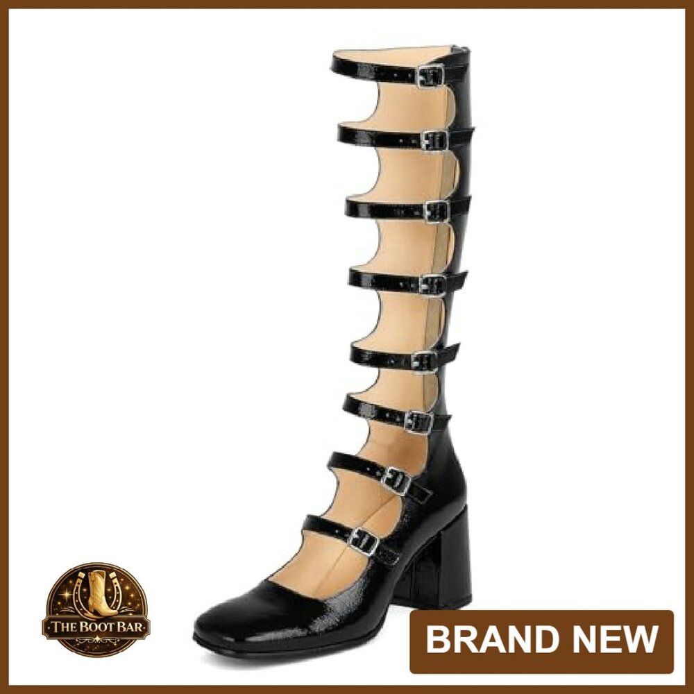 Knee High Chunky Heel Combat Boots with Buckles Back Zip Square Toe - Picture 2 of 8